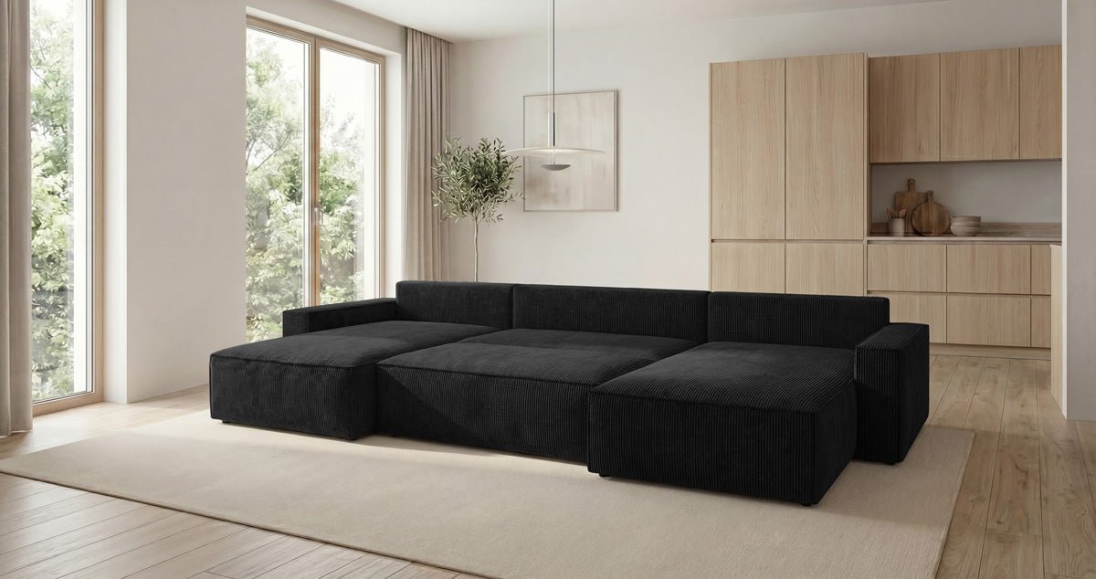 Luxusbetten24 Designer Sofa Vienna U Cord mit Schlaffunktion und Stauraum