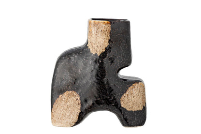 Luxusbetten24 Mambo Vase aus Steingut, Handgefertigt, Schwarz/Beige, Wohnzimmer