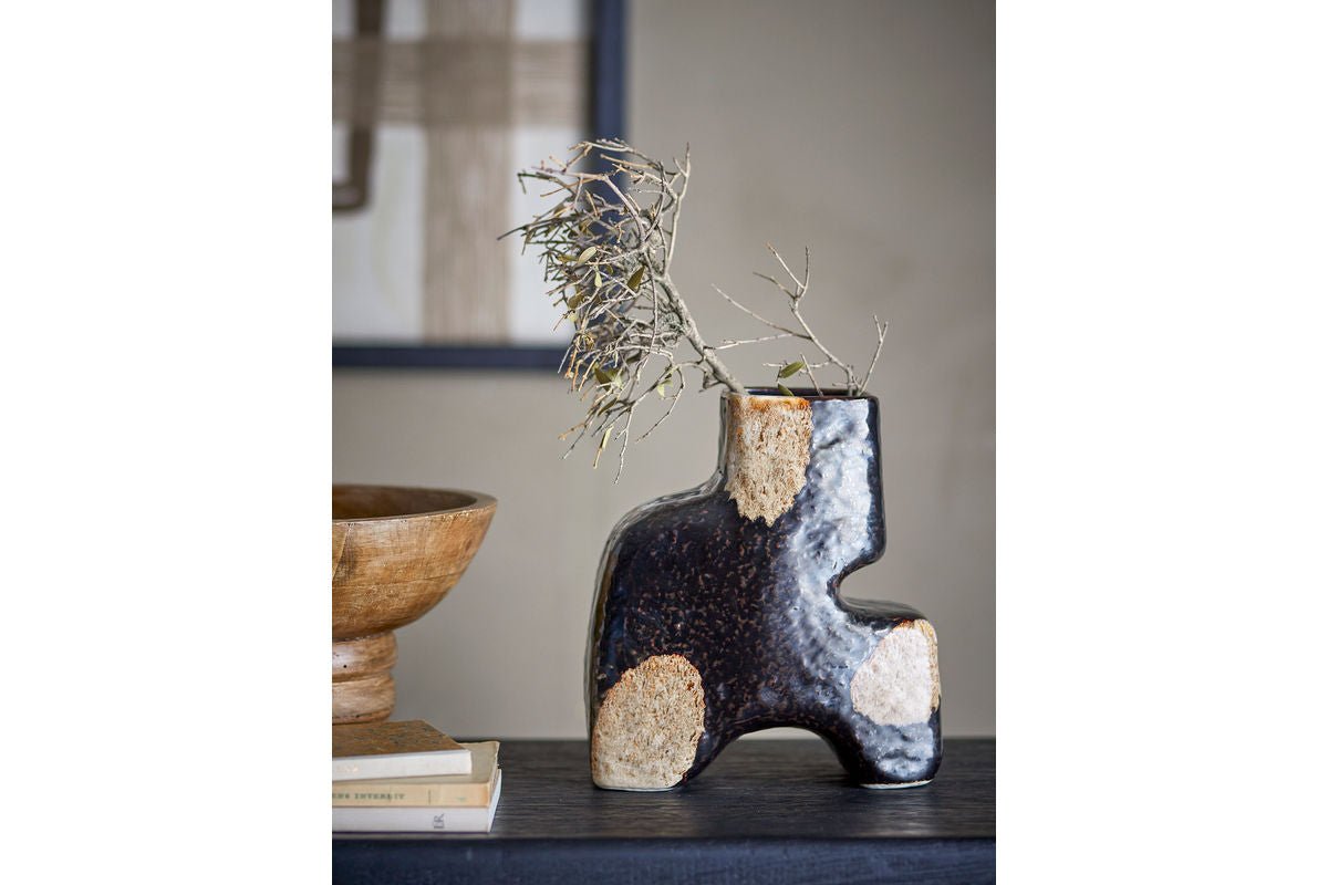 Luxusbetten24 Mambo Vase aus Steingut, Handgefertigt, Schwarz/Beige, Wohnzimmer