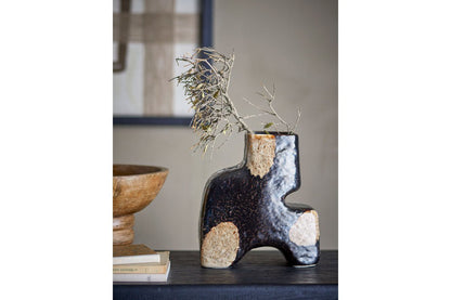 Luxusbetten24 Mambo Vase aus Steingut, Handgefertigt, Schwarz/Beige, Wohnzimmer