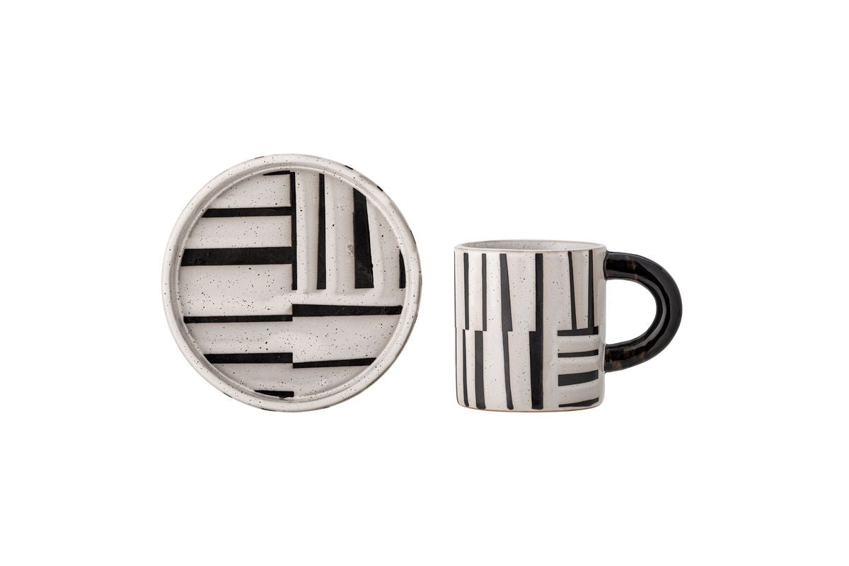 Becher-Set Evoa – Schwarz/Weiß Steingut mit Untertasse