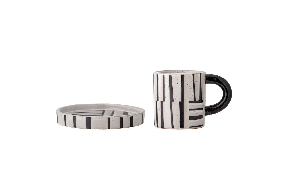 Becher-Set Evoa – Schwarz/Weiß Steingut mit Untertasse