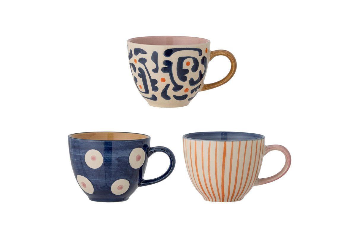 Liron Becher-Set aus Steingut, Handgefertigt, 3‑er Stück, Blau‑Orange
