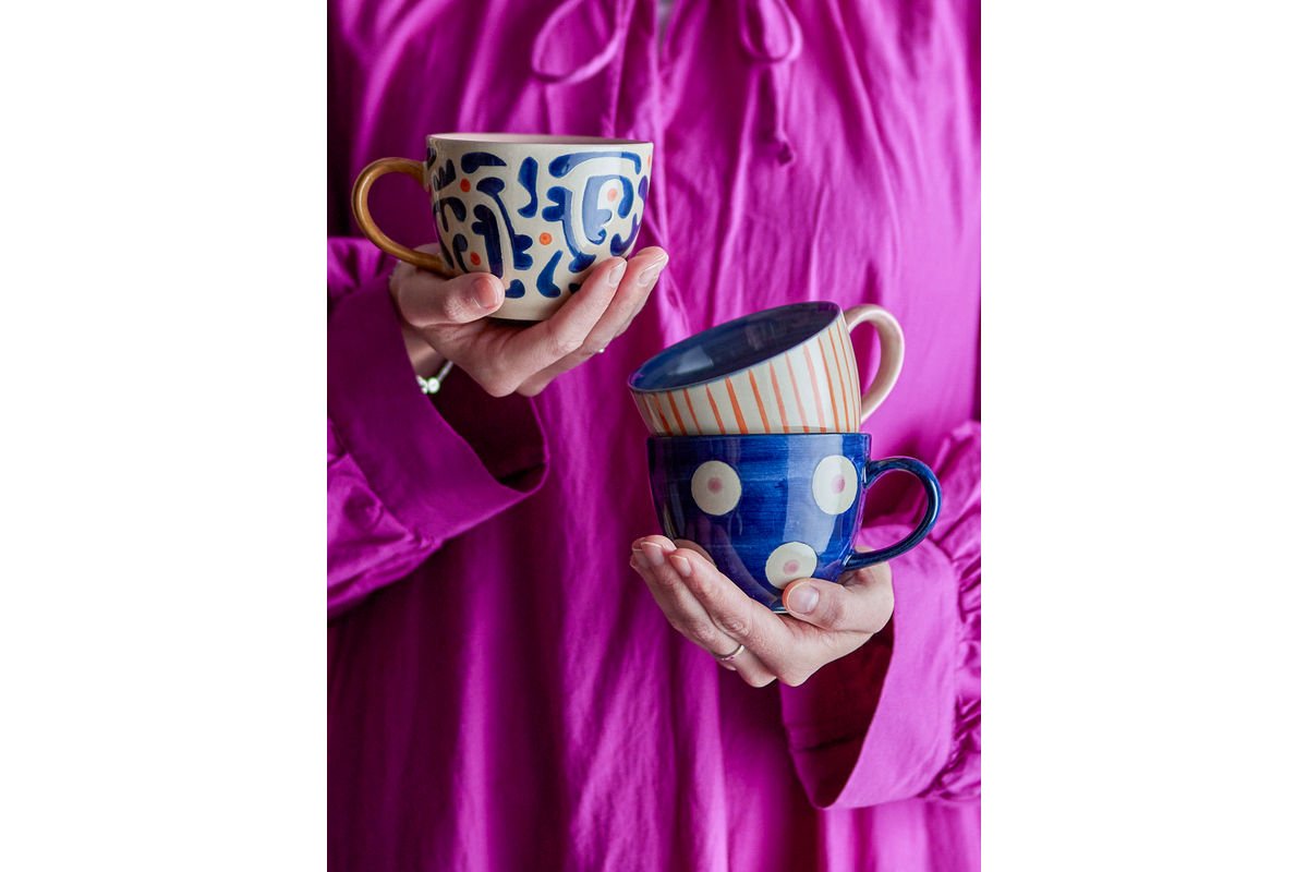 Liron Becher-Set aus Steingut, Handgefertigt, 3‑er Stück, Blau‑Orange