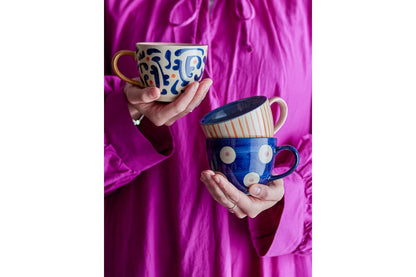 Liron Becher-Set aus Steingut, Handgefertigt, 3‑er Stück, Blau‑Orange
