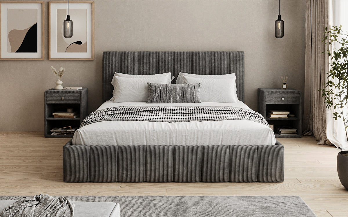 Designer Polsterbett Mila in Cord, 140×200 cm, Beige, 70 cm Kopfteil