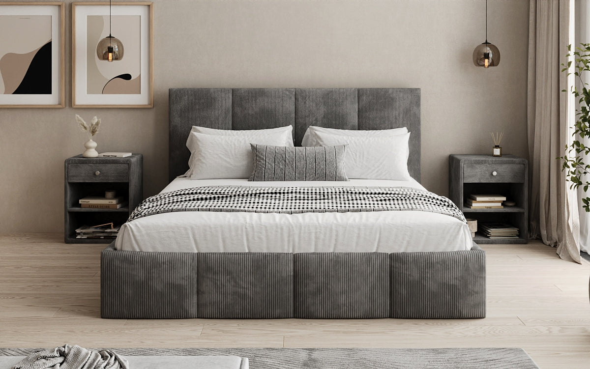Mina Designer Polsterbett Cord – 140 × 200 cm, wählbare Kopfteilhöhe, Farben