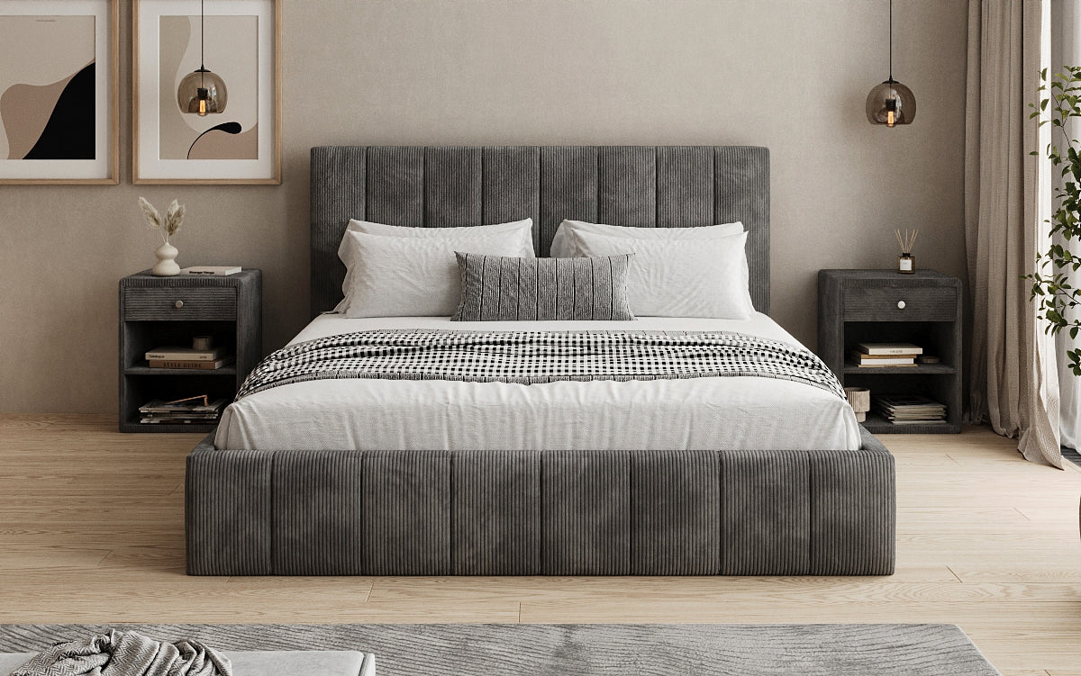 Designer Polsterbett Maja in Cord mit Stauraum