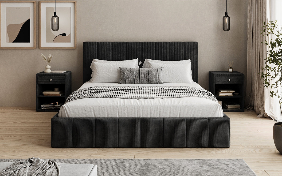 Designer Polsterbett Mila in Cord, 140×200 cm, Beige, 70 cm Kopfteil