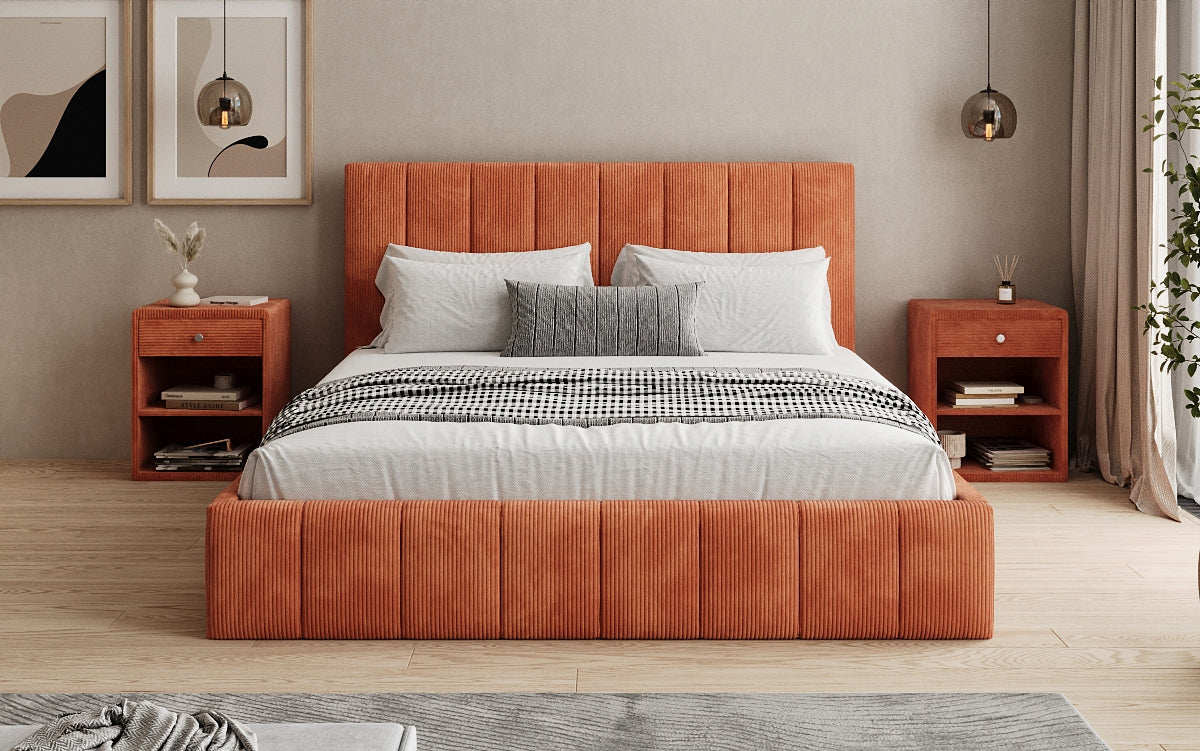 Designer Polsterbett Maja in Cord mit Stauraum