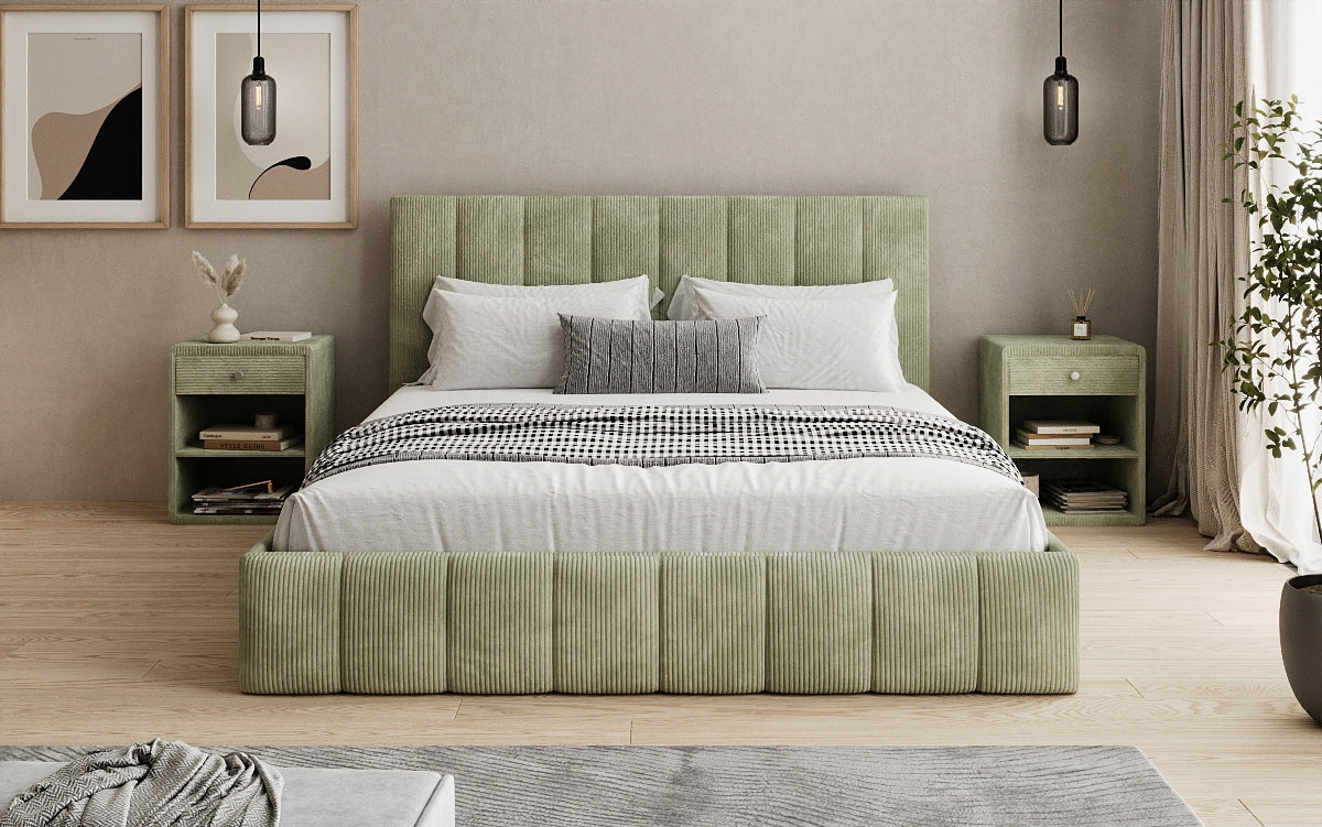 Designer Polsterbett Mila in Cord, 140×200 cm, Beige, 70 cm Kopfteil