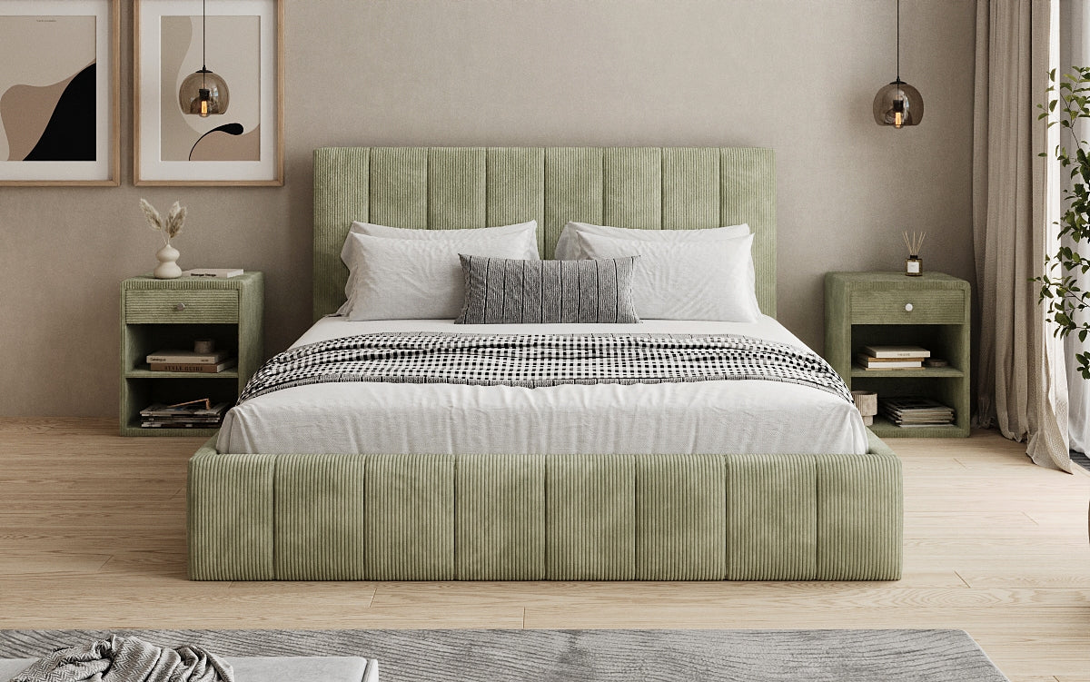 Designer Polsterbett Maja in Cord mit Stauraum