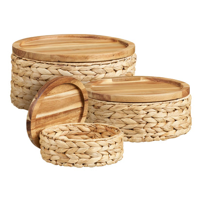 Vardina Aufbewahrungskörbe 3er Set mit Deckel aus Wasserhyazinthe, Natur