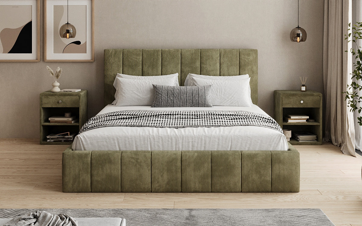 Designer Polsterbett Maja in Cord mit Stauraum