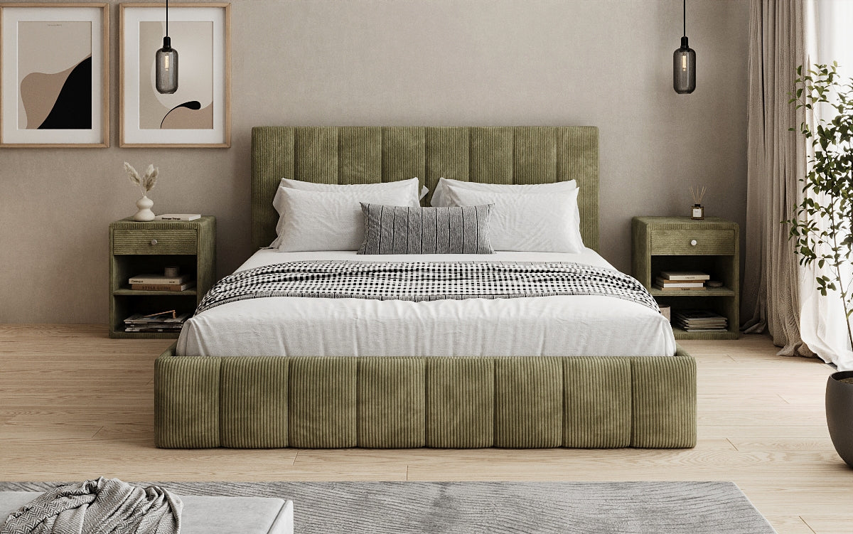 Designer Polsterbett Mila in Cord, 140×200 cm, Beige, 70 cm Kopfteil