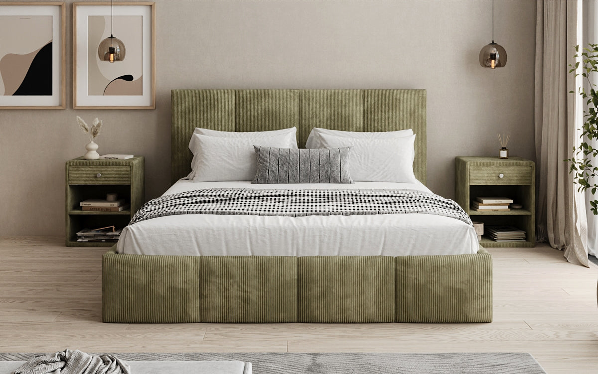 Mina Designer Polsterbett Cord – 140 × 200 cm, wählbare Kopfteilhöhe, Farben