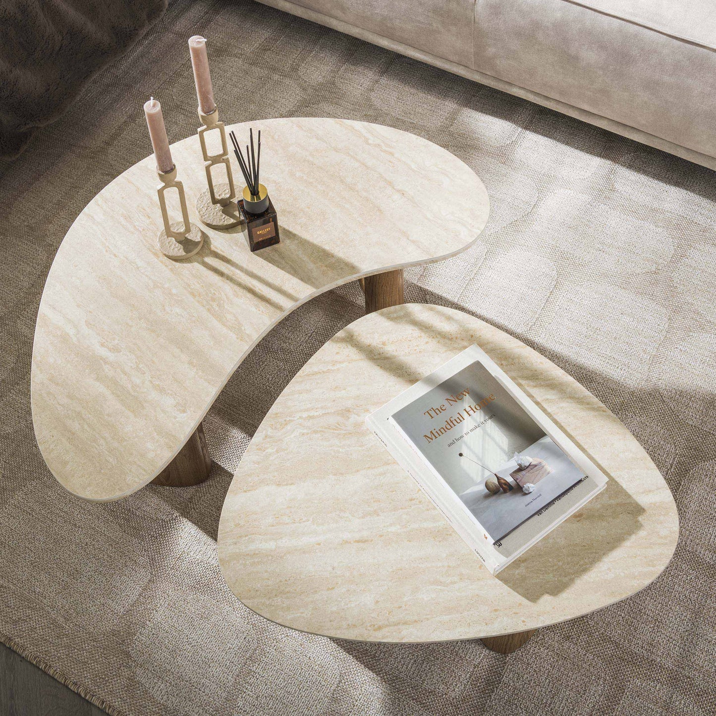 Orvella Couchtisch 2er Set – Keramikplatte in Travertinoptik, organische Form