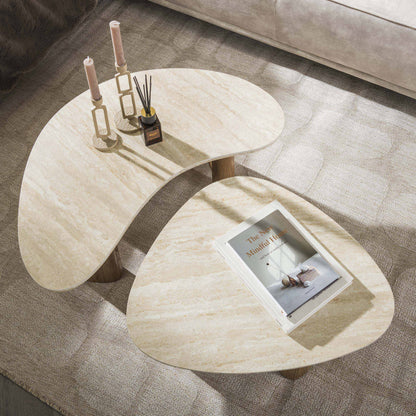 Orvella Couchtisch 2er Set – Keramikplatte in Travertinoptik, organische Form