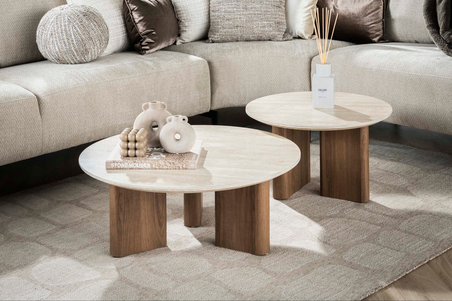 Luxusbetten24 Tavira Couchtisch 2er Set mit Keramikplatte in Travertinoptik