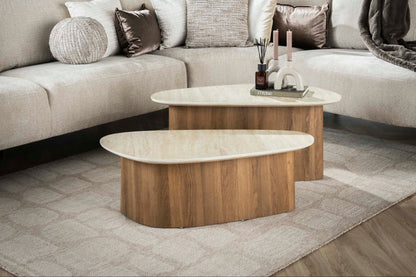 Couchtisch Sorelia Set mit Keramikplatte, Travertinoptik, Dreieckige Form
