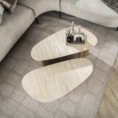Couchtisch Sorelia Set mit Keramikplatte, Travertinoptik, Dreieckige Form