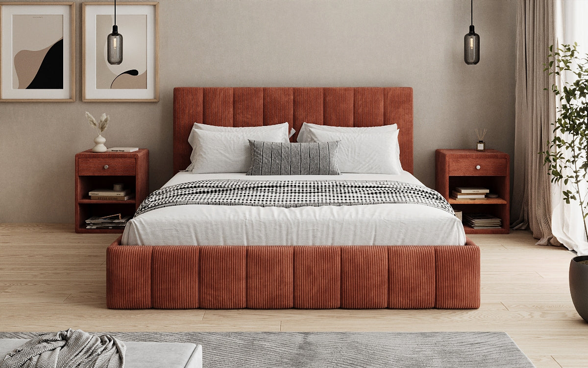 Designer Polsterbett Mila in Cord, 140×200 cm, Beige, 70 cm Kopfteil