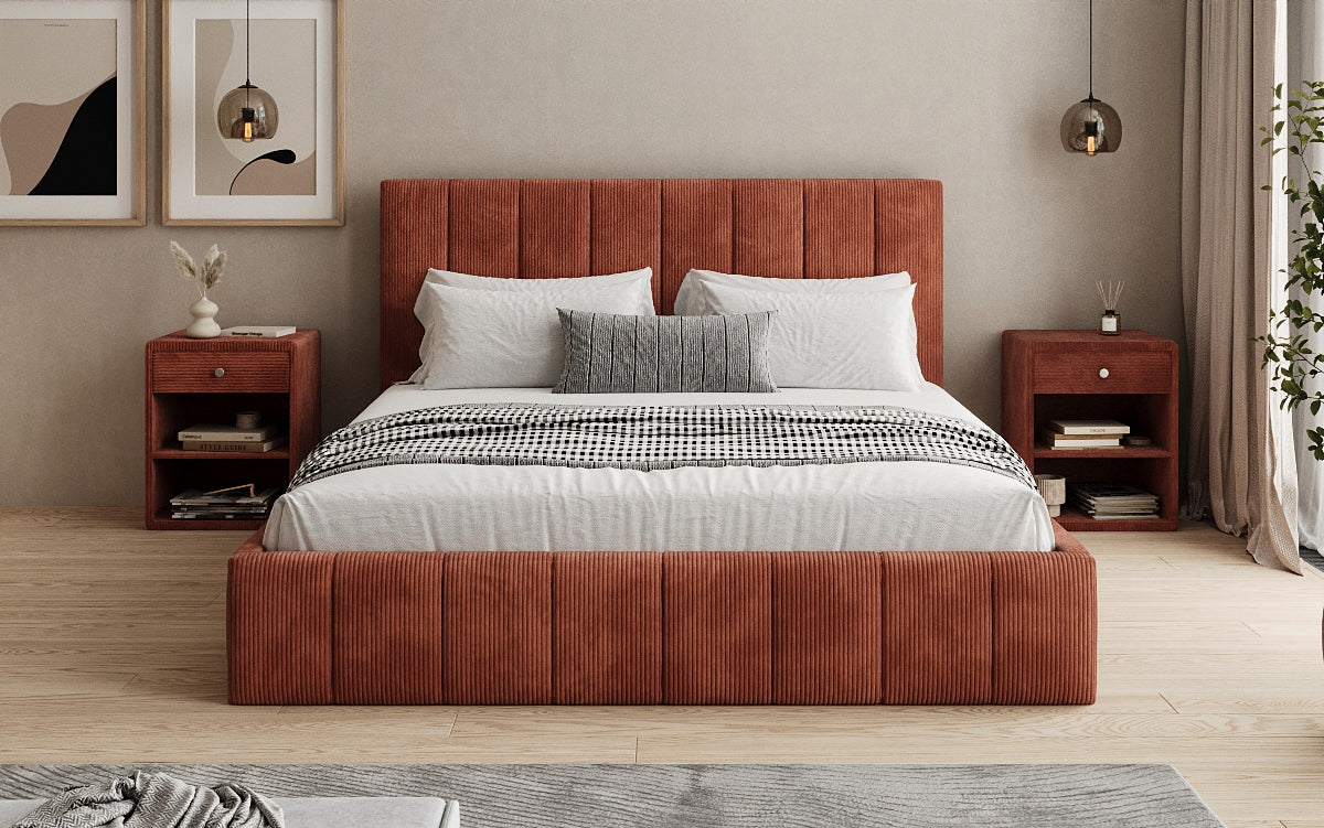 Designer Polsterbett Maja in Cord mit Stauraum