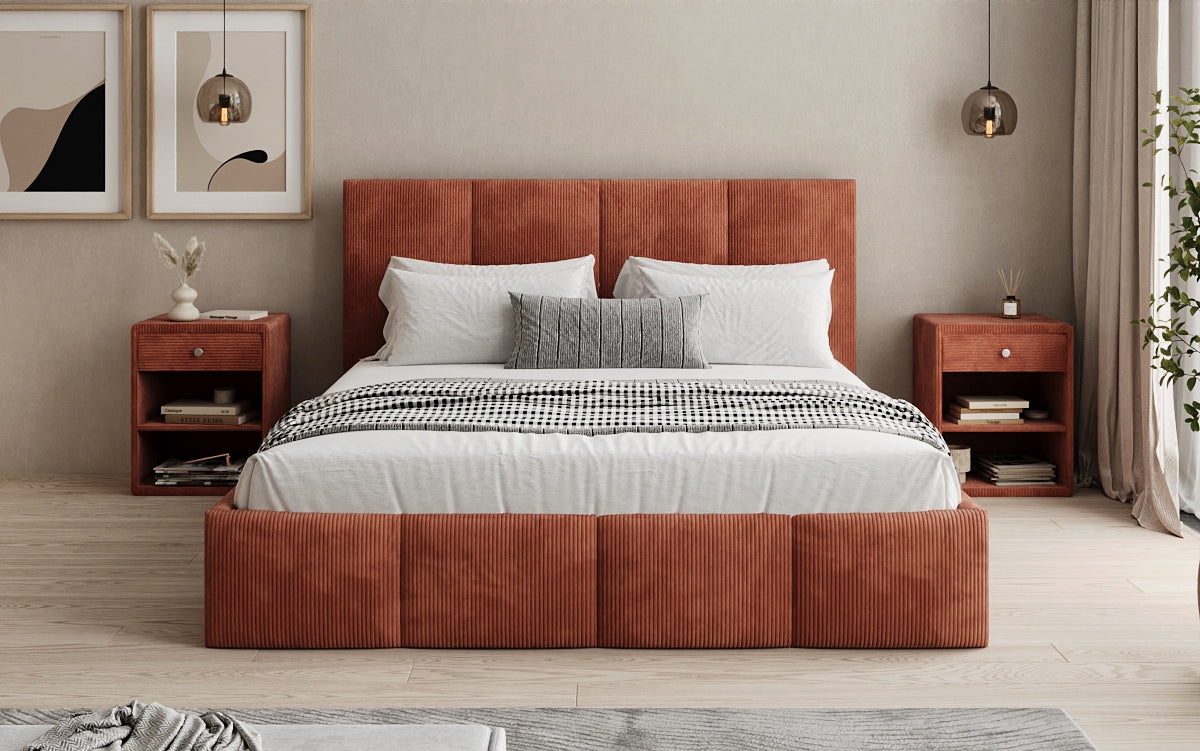 Mina Designer Polsterbett Cord – 140 × 200 cm, wählbare Kopfteilhöhe, Farben