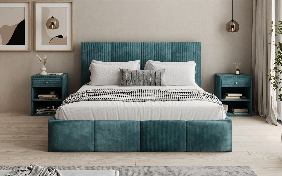 Mina Designer Polsterbett Cord – 140 × 200 cm, wählbare Kopfteilhöhe, Farben