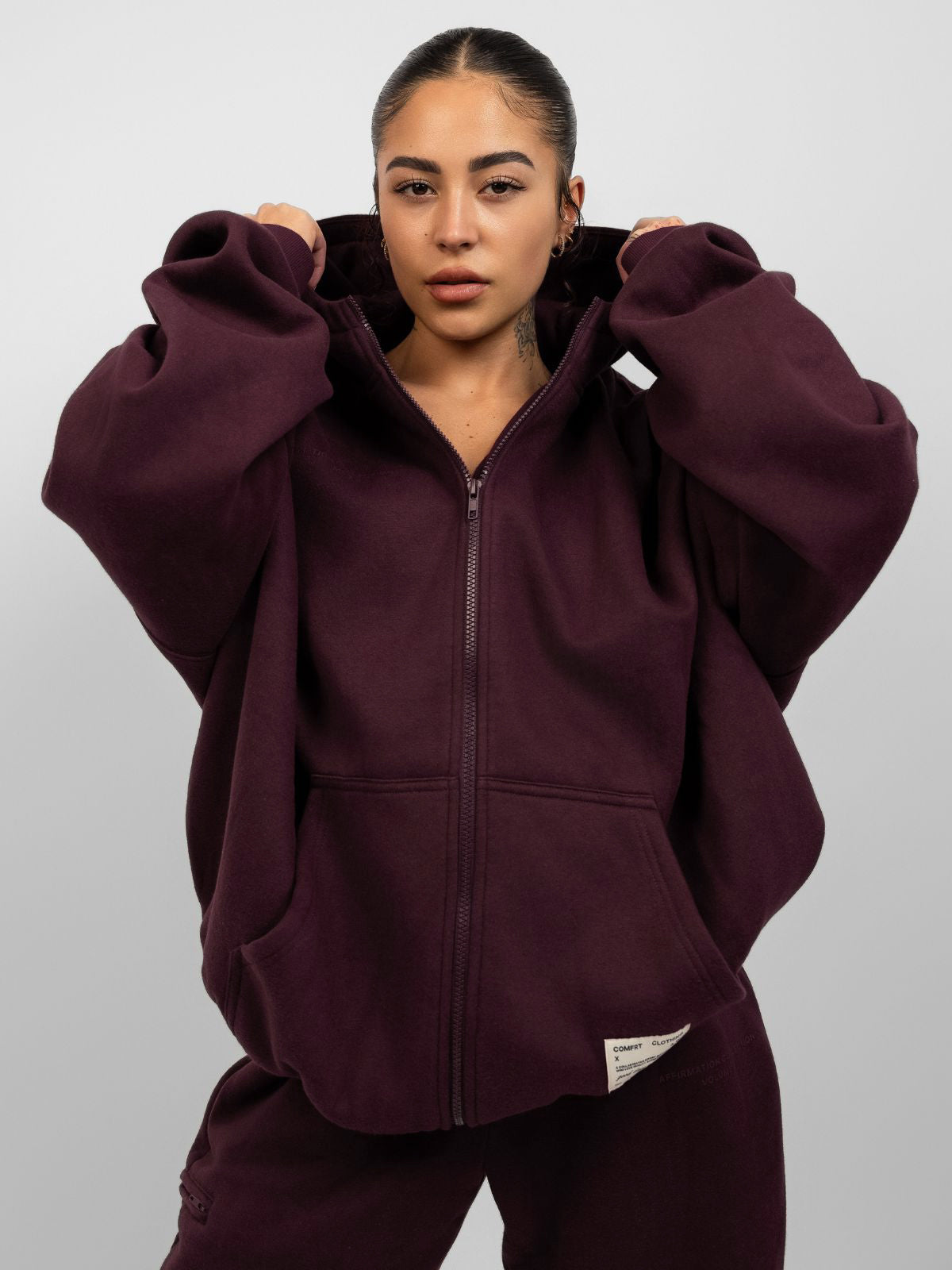 Comfrt Affirmation Zip Hoodie Oversized Super Soft Cotton Maroon