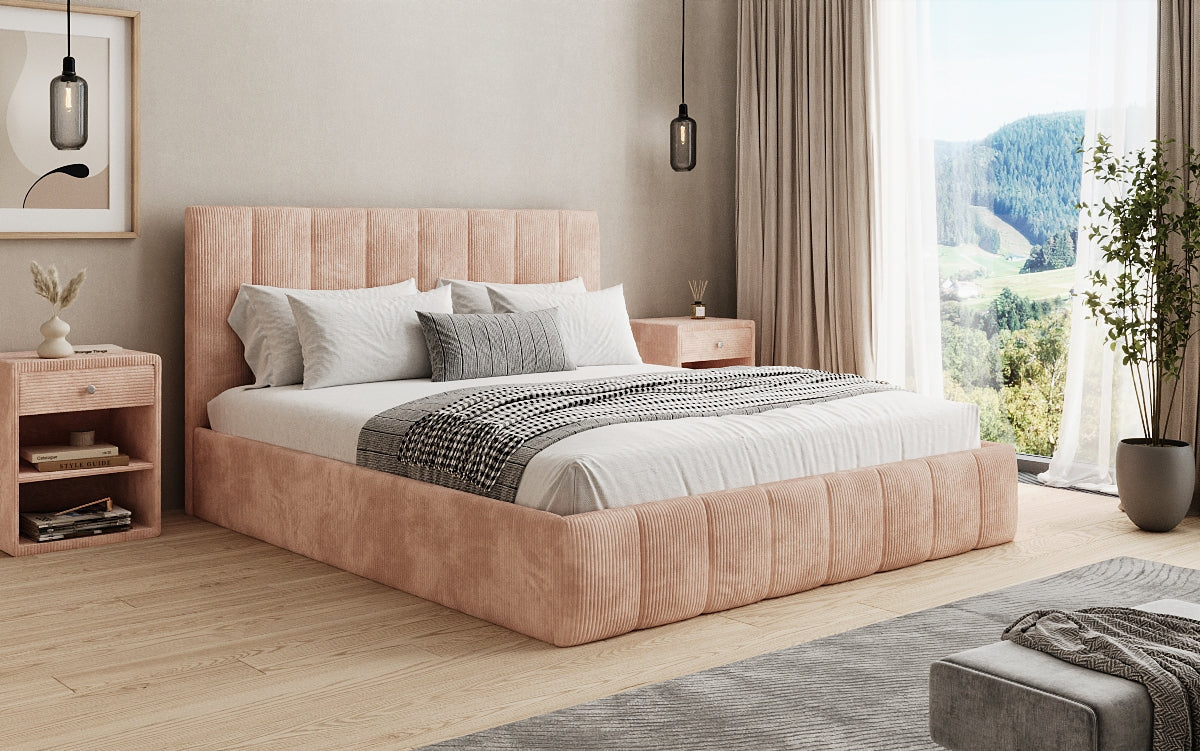 Designer Polsterbett Mila in Cord, 140×200 cm, Beige, 70 cm Kopfteil