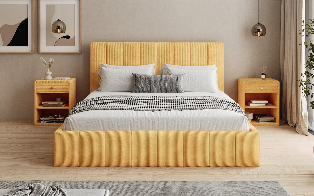 Designer Polsterbett Maja in Cord mit Stauraum