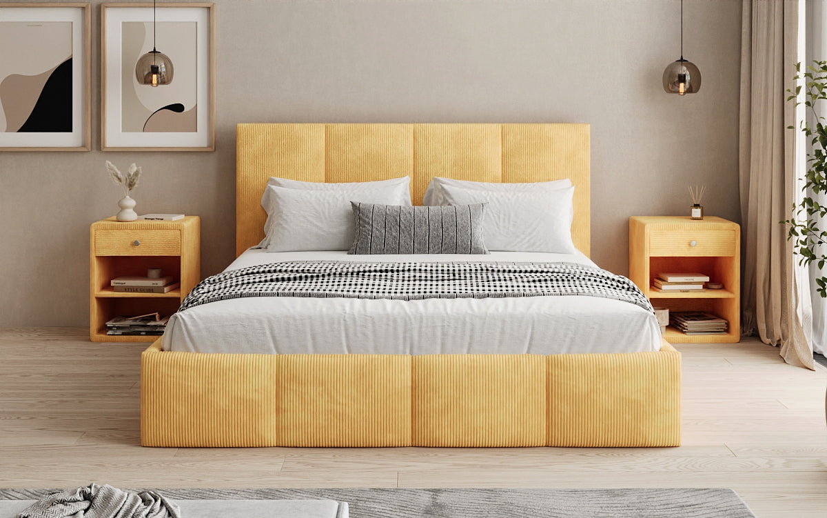 Mina Designer Polsterbett Cord – 140 × 200 cm, wählbare Kopfteilhöhe, Farben