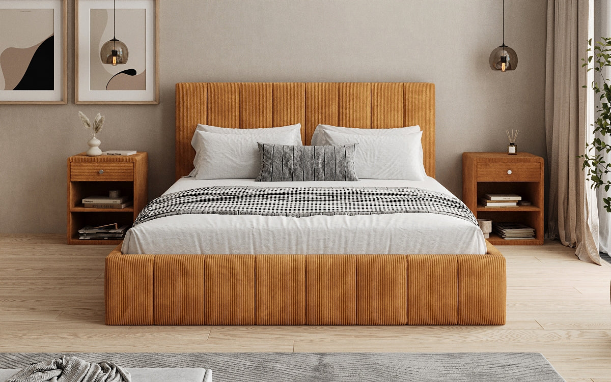 Designer Polsterbett Maja in Cord mit Stauraum