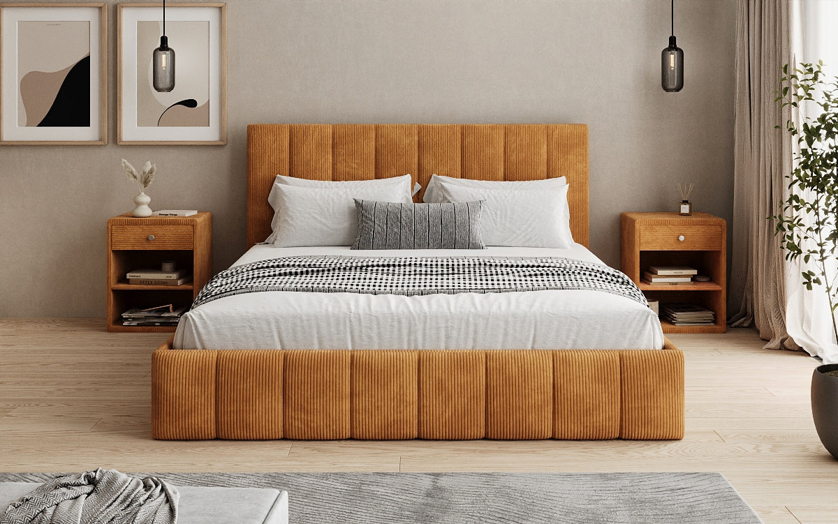 Designer Polsterbett Mila in Cord, 140×200 cm, Beige, 70 cm Kopfteil