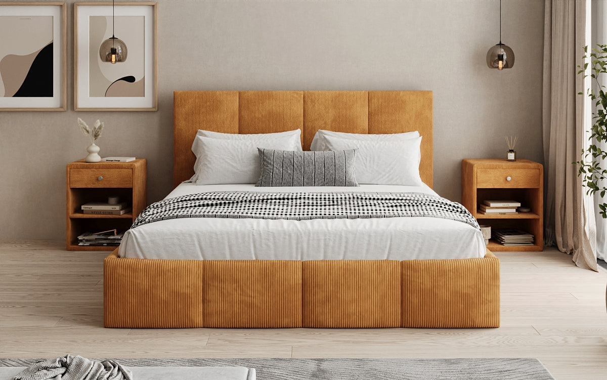 Mina Designer Polsterbett Cord – 140 × 200 cm, wählbare Kopfteilhöhe, Farben