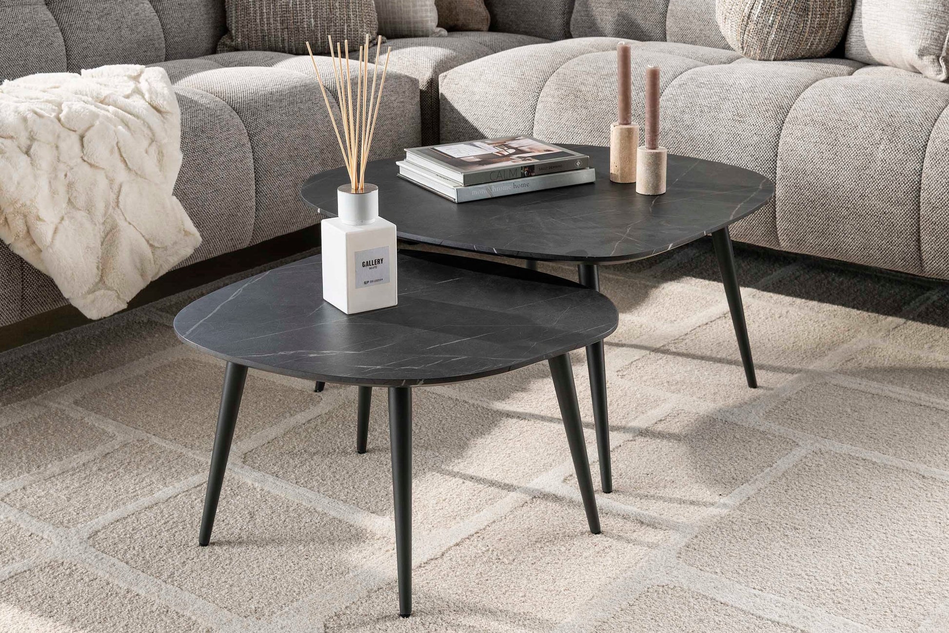 Couchtisch Virelle 2er Set – Melamin Keramikoptik, Stahlgestell für Wohnzimmer