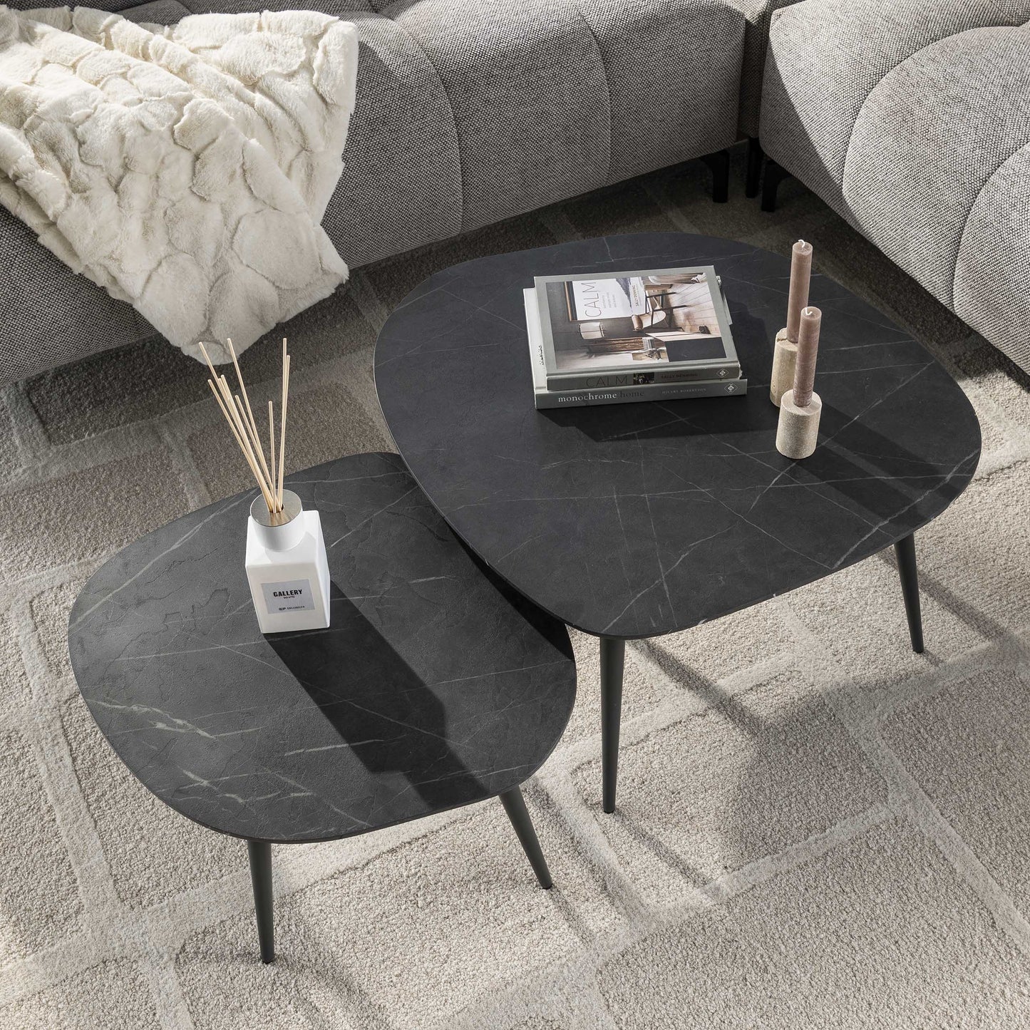 Couchtisch Virelle 2er Set – Melamin Keramikoptik, Stahlgestell für Wohnzimmer