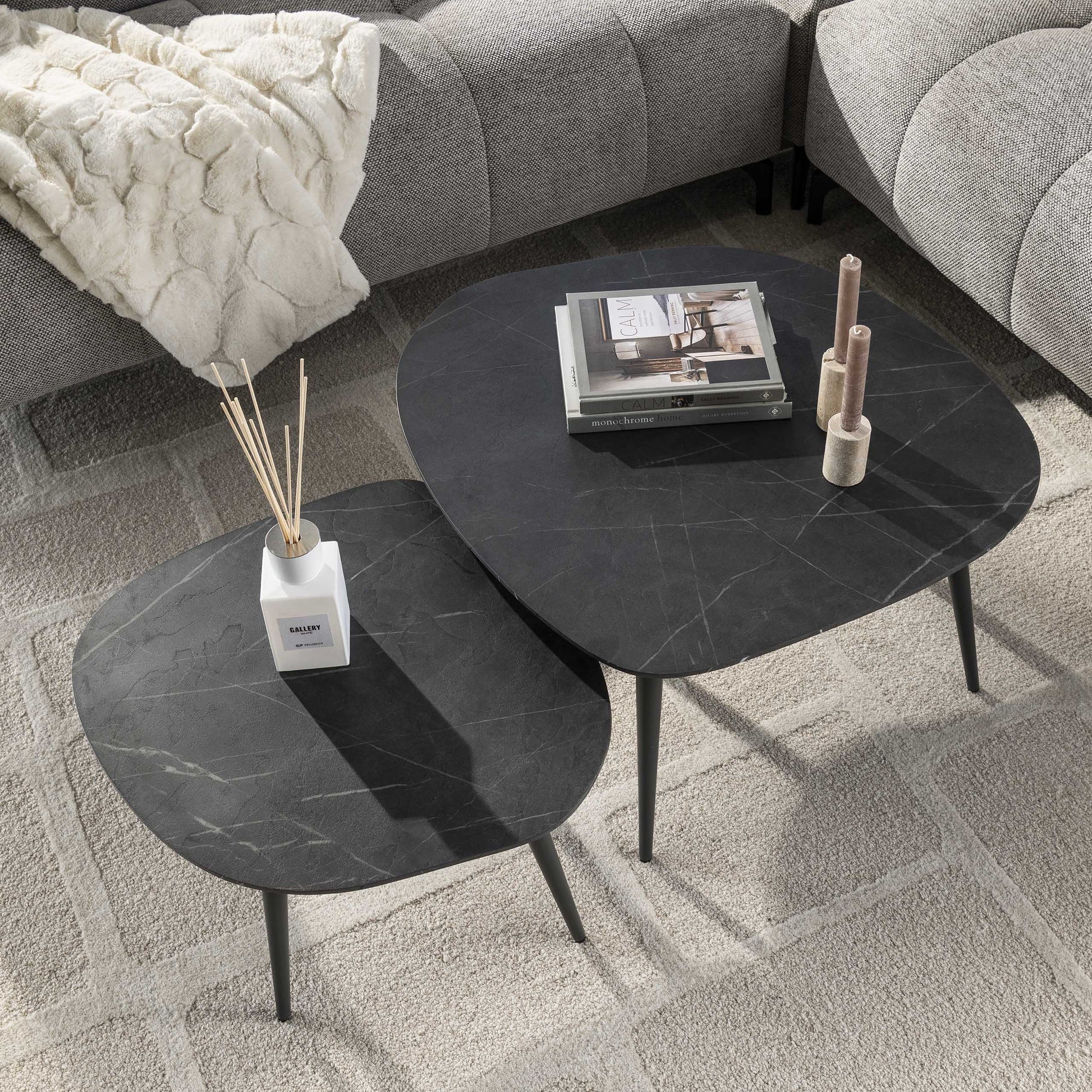 Couchtisch Virelle 2er Set – Melamin Keramikoptik, Stahlgestell für Wohnzimmer
