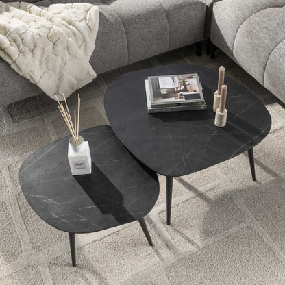 Couchtisch Virelle 2er Set – Melamin Keramikoptik, Stahlgestell für Wohnzimmer