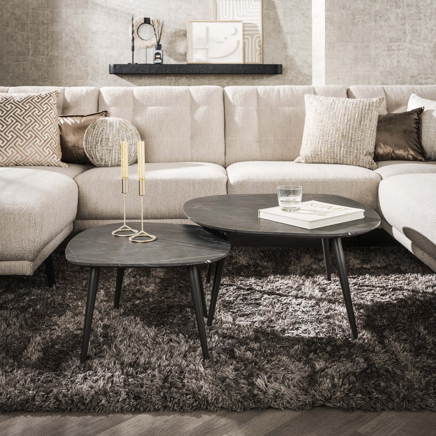 Couchtisch Virelle 2er Set – Melamin Keramikoptik, Stahlgestell für Wohnzimmer