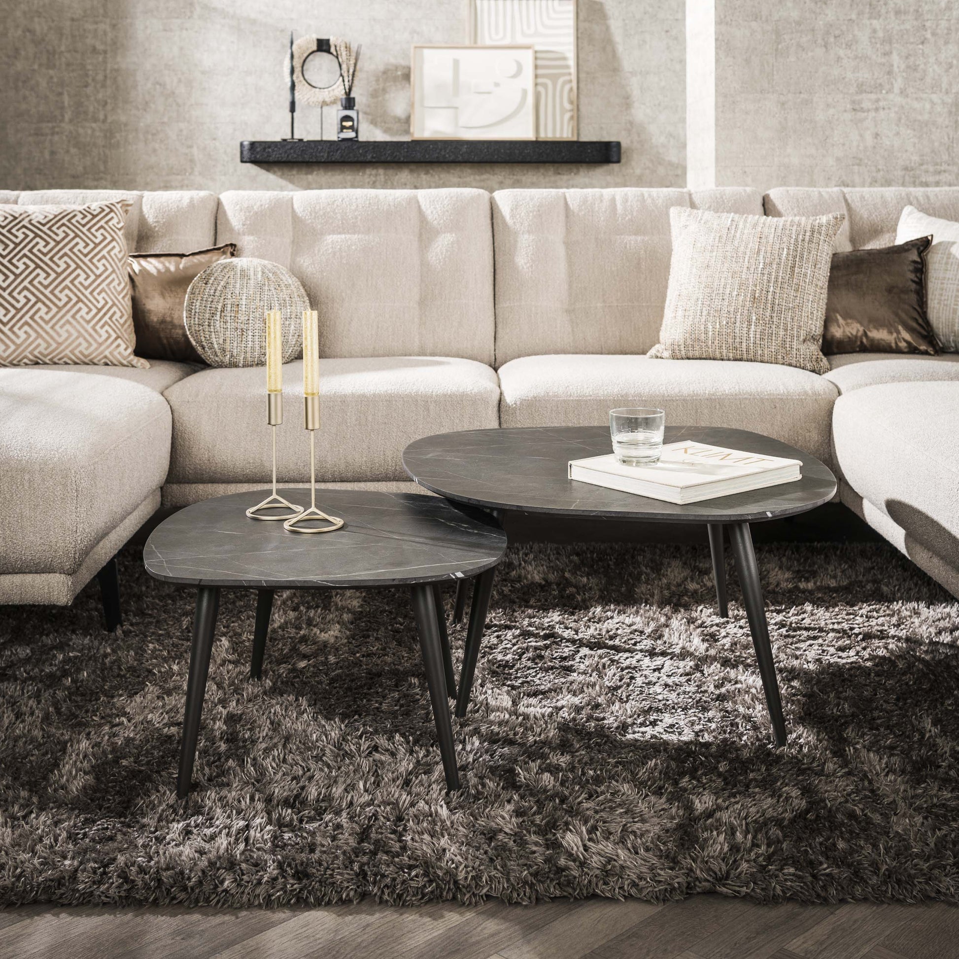 Couchtisch Virelle 2er Set – Melamin Keramikoptik, Stahlgestell für Wohnzimmer