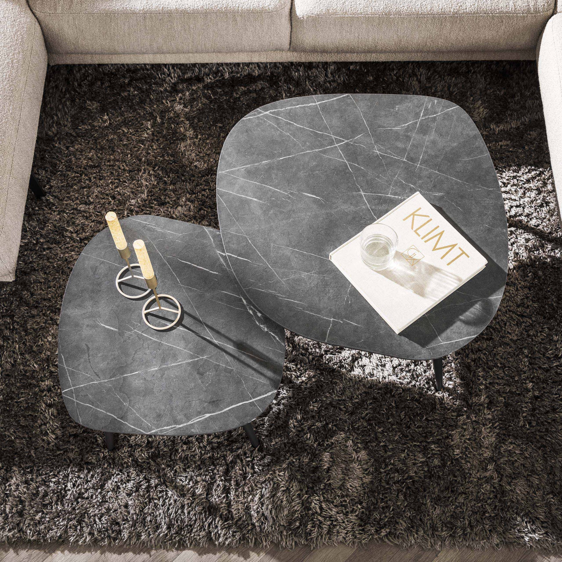 Couchtisch Virelle 2er Set – Melamin Keramikoptik, Stahlgestell für Wohnzimmer
