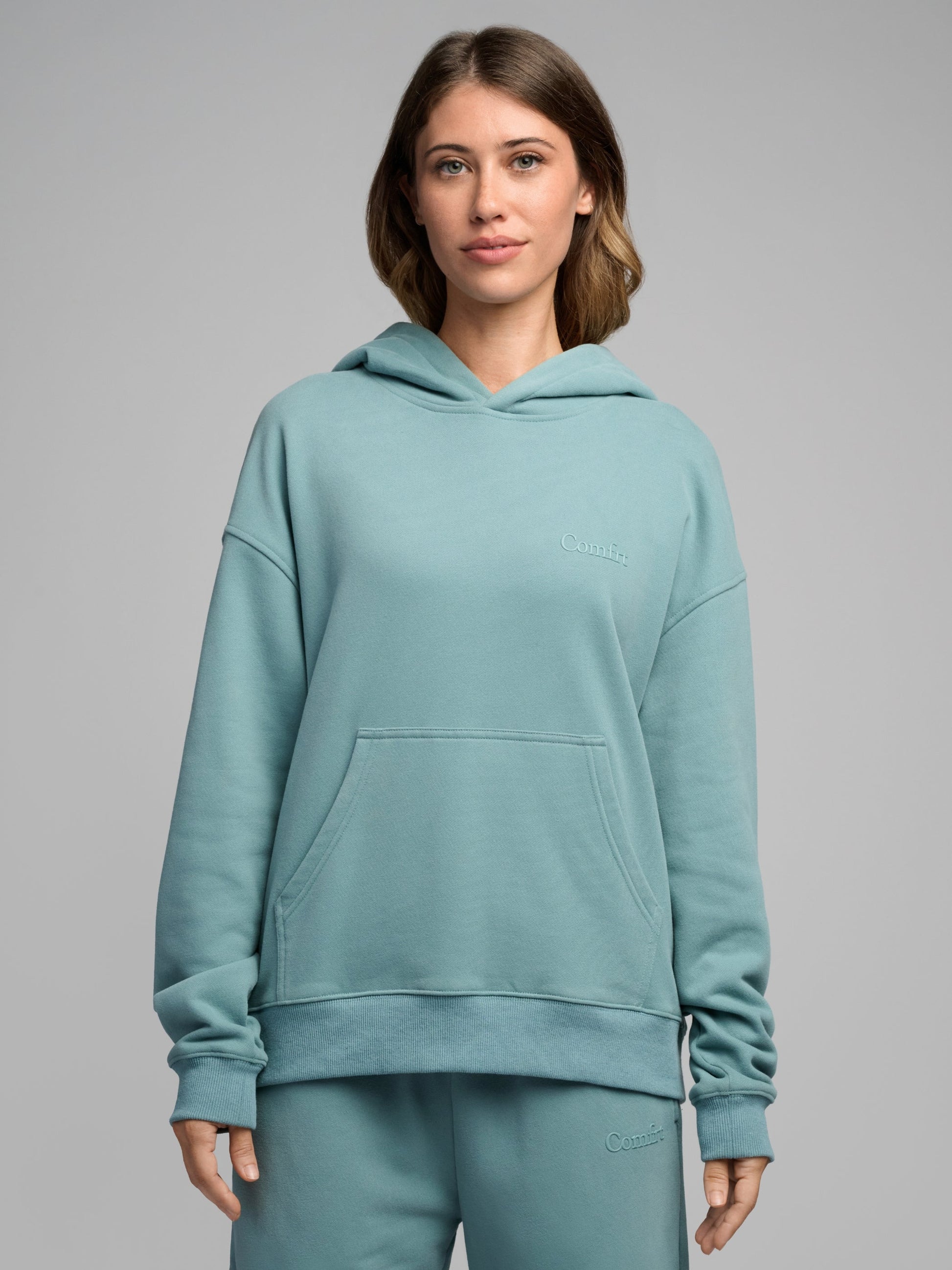 Comfrt Halo Leichtgewicht Crop Hoodie, Aqua Mist, Größe XS