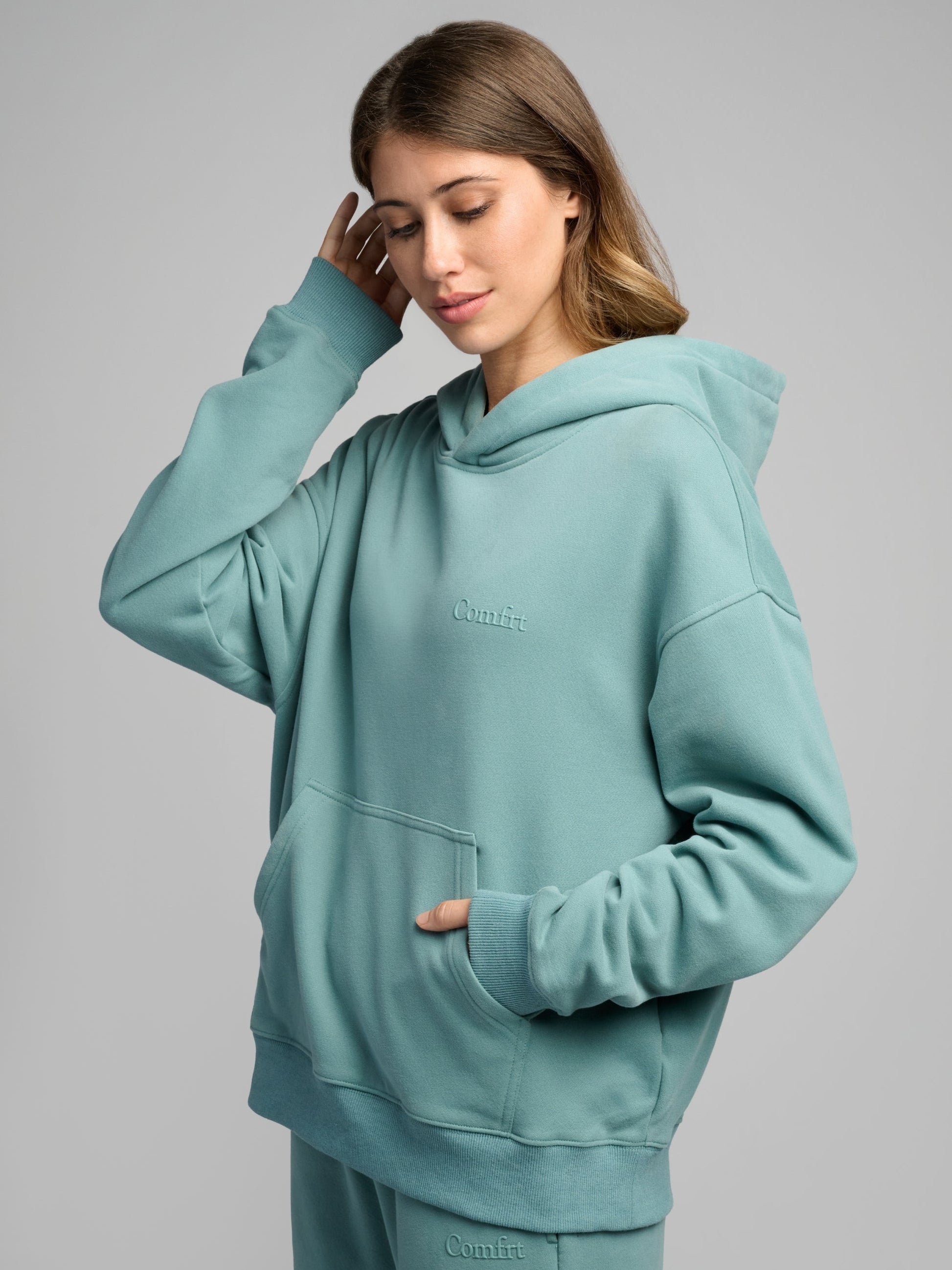 Comfrt Halo Leichtgewicht Crop Hoodie, Aqua Mist, Größe XS