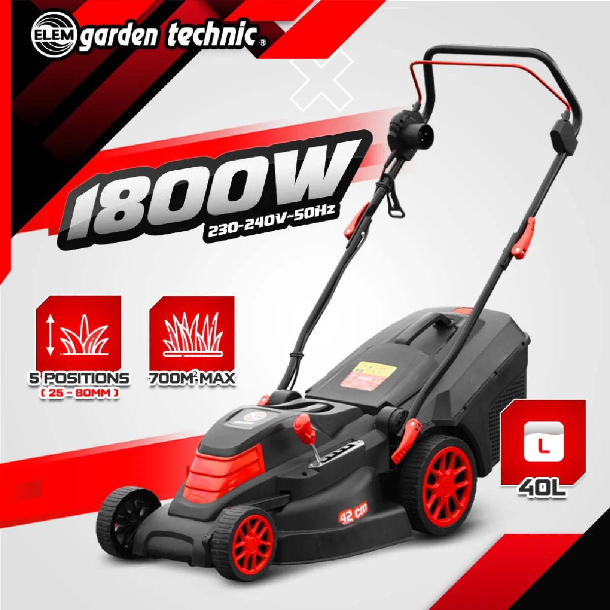 Elem Garden Technic Cortacésped Eléctrico 1800W 420mm 40L
