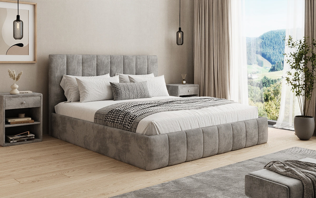 Designer Polsterbett Mila in Cord, 140×200 cm, Beige, 70 cm Kopfteil