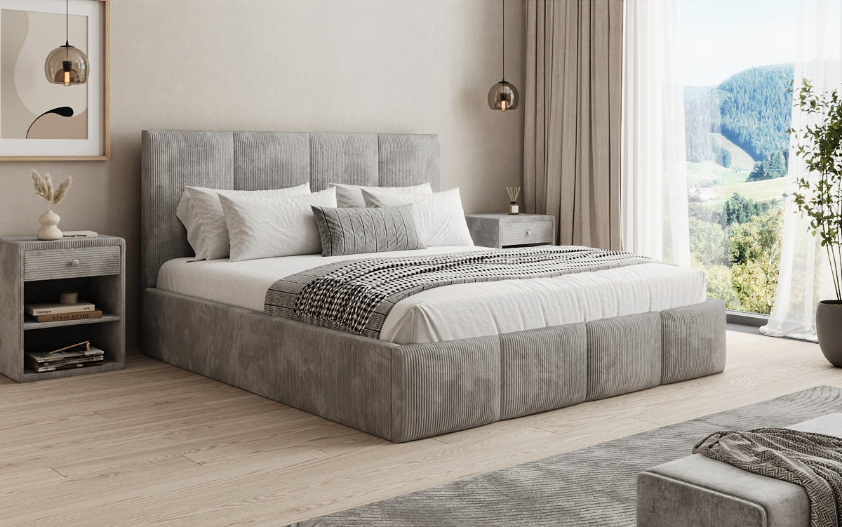 Mina Designer Polsterbett Cord – 140 × 200 cm, wählbare Kopfteilhöhe, Farben