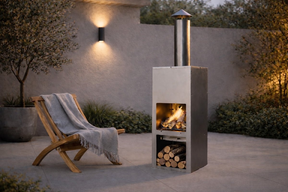 Luxusbetten24 Lio Terrassenkamin, Silberfarbener Stahl, Outdoor, Für Garten