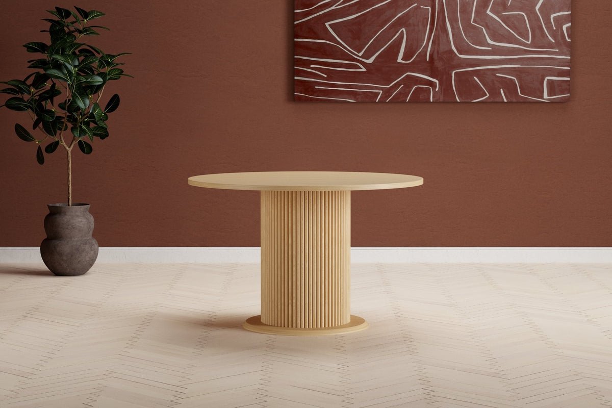 Luxusbetten24 Esstisch Elsa Rund mit gerippter Säule und Holzoptik, Beige